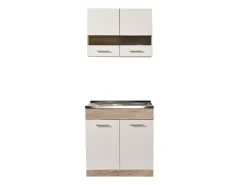 Cucina Bianco Marrone Rovere 2 Ripiani 4 Ante, Fori Piano Cottura e Lavello a Carico del Cliente - Taurano