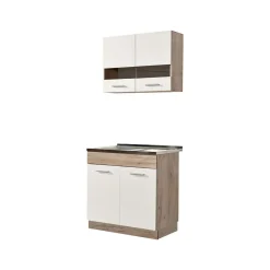 Cucina Bianco Marrone Rovere 2 Ripiani 4 Ante, Fori Piano Cottura e Lavello a Carico del Cliente - Taurano
