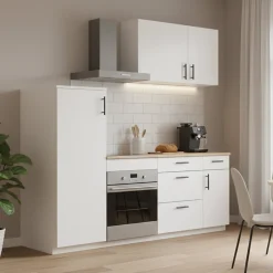 Cucine > Dmora Cucina Bianco Marrone Rovere 4 Cassetti 5 Ripiani, Apertura Battente, Scorrevole - Althenis Marrone, Bianco Rovere