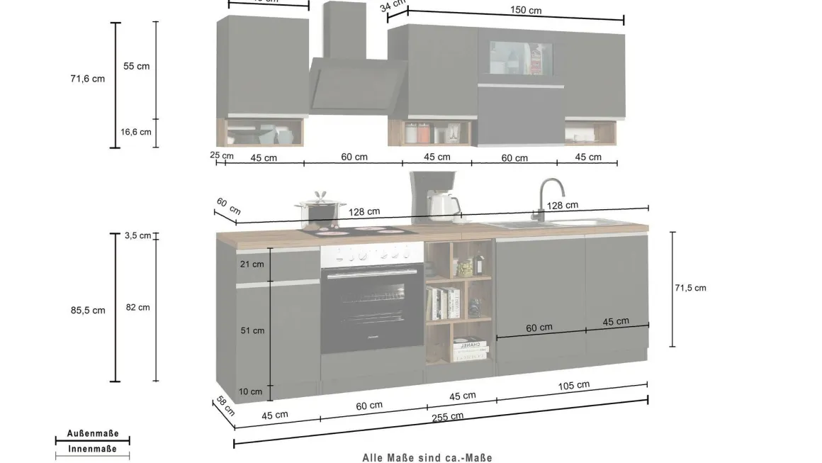 Cucina Grigio Ardesia Grigio Ardesia un Cassetto 19 Ripiani, Modulabile Made in Italy - Attiko