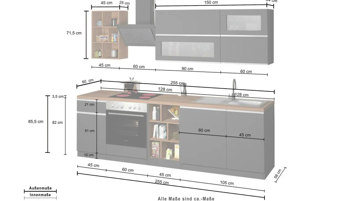 Cucina Grigio Ardesia Marrone Rovere un Cassetto 13 Ripiani, 5 Ante Made in Italy - Fonti