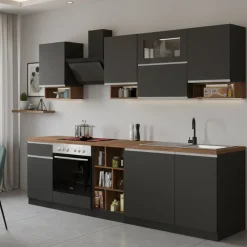 Cucina Grigio Ardesia Marrone Rovere un Cassetto 19 Ripiani, Modulabile Made in Italy - Attiko