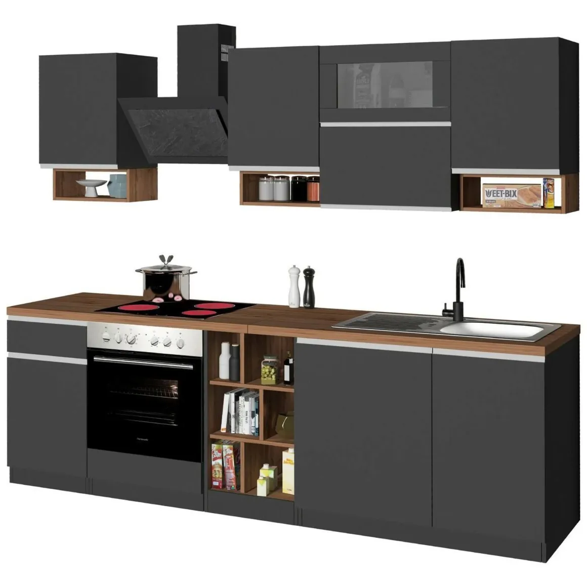 Cucina Grigio Ardesia Marrone Rovere un Cassetto 19 Ripiani, Modulabile Made in Italy - Attiko