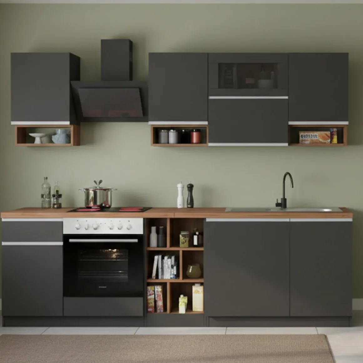 Cucina Grigio Ardesia Marrone Rovere un Cassetto 19 Ripiani, Modulabile Made in Italy - Attiko
