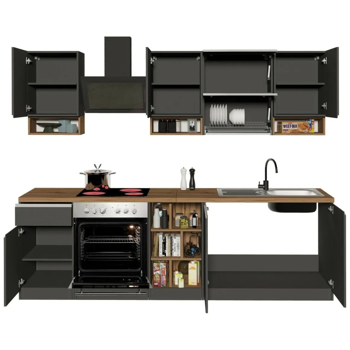 Cucina Grigio Ardesia Marrone Rovere un Cassetto 19 Ripiani, Modulabile Made in Italy - Attiko