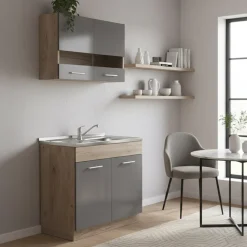 Cucina Nero Antracite Marrone Rovere 2 Ripiani Fori Piano Cottura e Lavello a Carico del Cliente, 3 Vani - Taurano