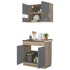 Cucina Nero Antracite Marrone Rovere 2 Ripiani Fori Piano Cottura e Lavello a Carico del Cliente, 3 Vani - Taurano
