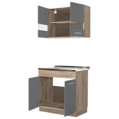 Cucine > Dmora Cucina Nero Antracite Marrone Rovere un Cassetto 3 Ripiani, 6 Ante - Lanzo Marrone Rovere, Nero Antracite