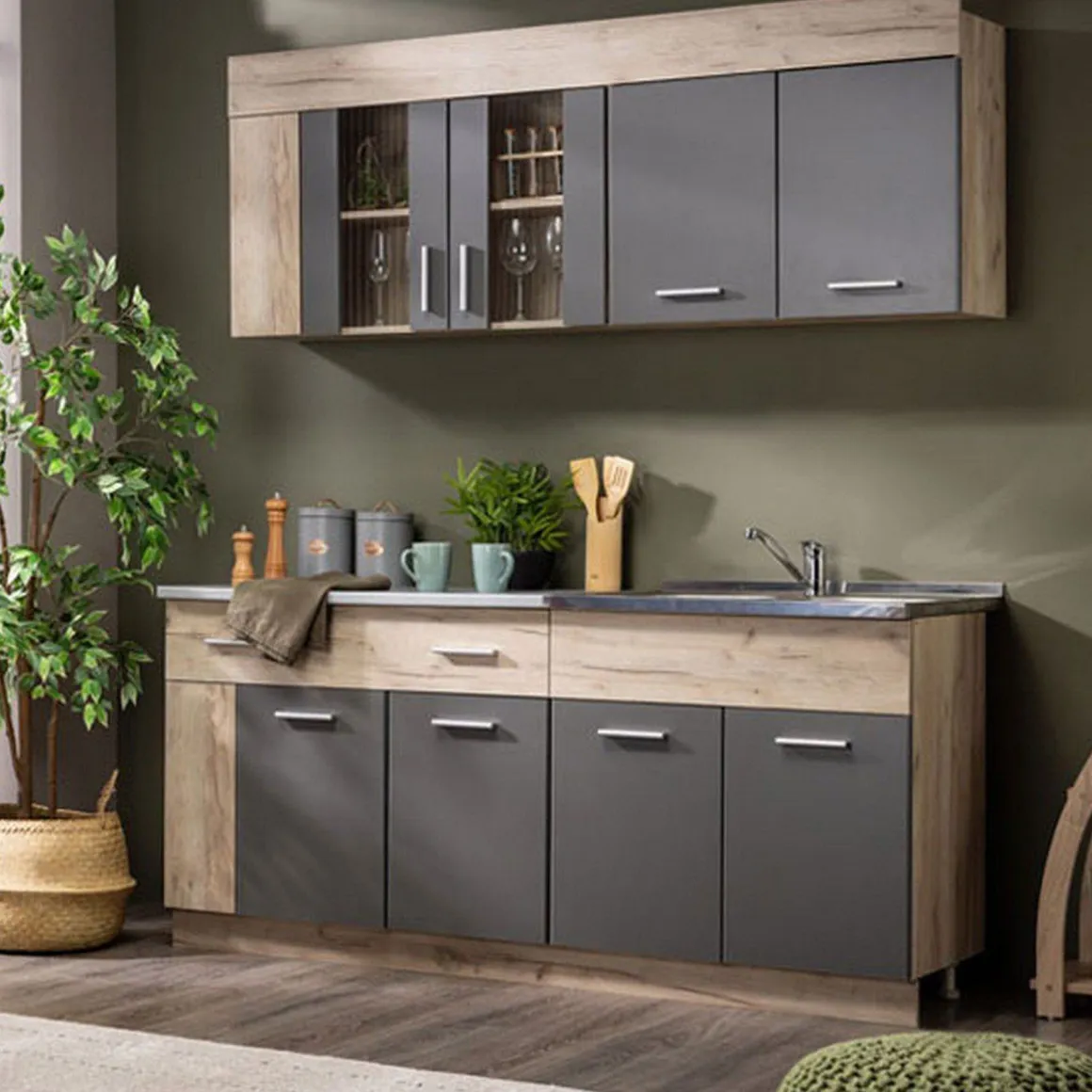 Cucina Nero Antracite Marrone Rovere un Cassetto 4 Ripiani, 8 Ante - Interamna