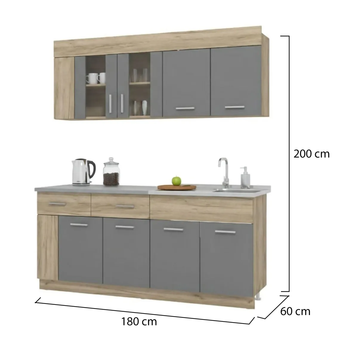 Cucina Nero Antracite Marrone Rovere un Cassetto 4 Ripiani, 8 Ante - Interamna