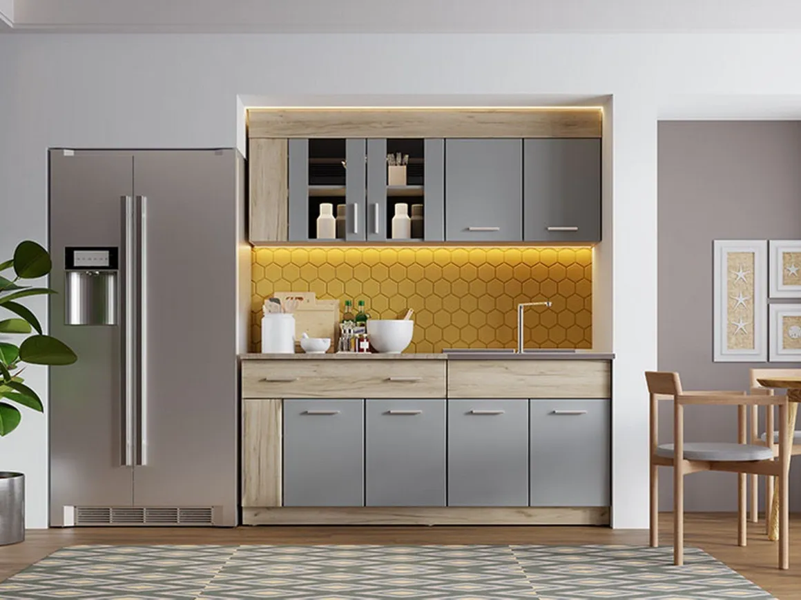 Cucina Nero Antracite Marrone Rovere un Cassetto 4 Ripiani, 8 Ante - Interamna