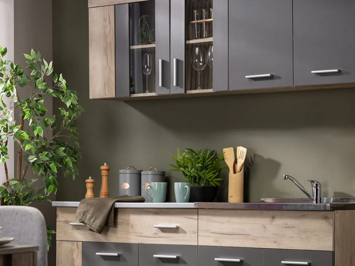 Cucina Nero Antracite Marrone Rovere un Cassetto 4 Ripiani, 8 Ante - Interamna