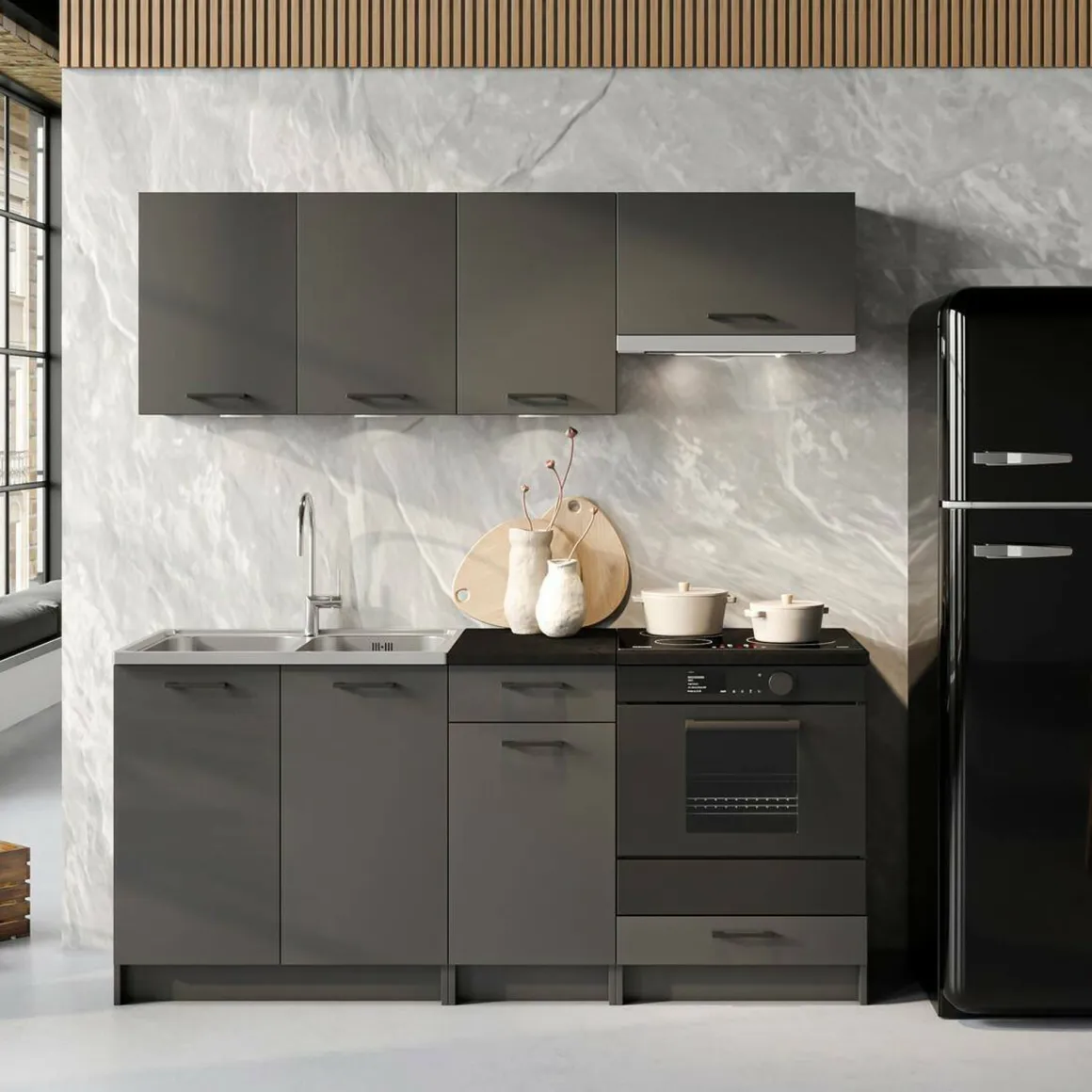 Cucina Nero Antracite un Ripiano Modulabile, un Cassetto - Covor