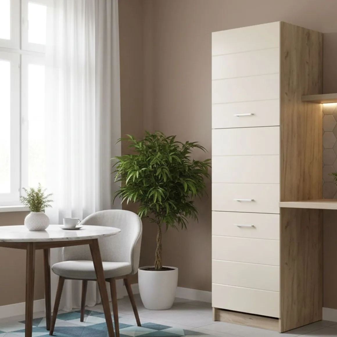 Dispensa da Cucina Beige Marrone Rovere Nodi 5 Ripiani 3 Ante 60x57.5x214.5h cm, 6 Vani - Volvera