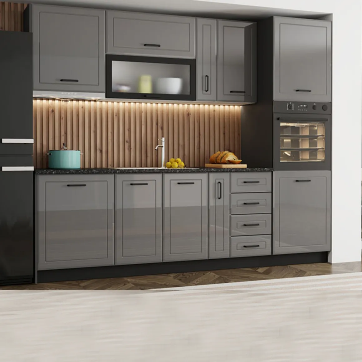 Dispensa da Cucina Grigio Nero 5 Ripiani Apertura Battente 60x58x214h cm, 2 Ante - Mogan