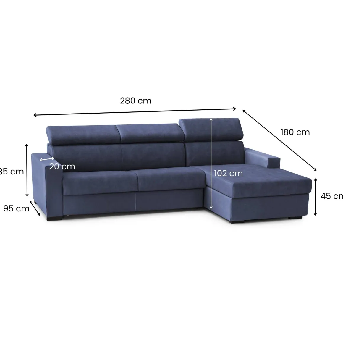 Divano con braccioli blu 280x95x85h cm - Ameno