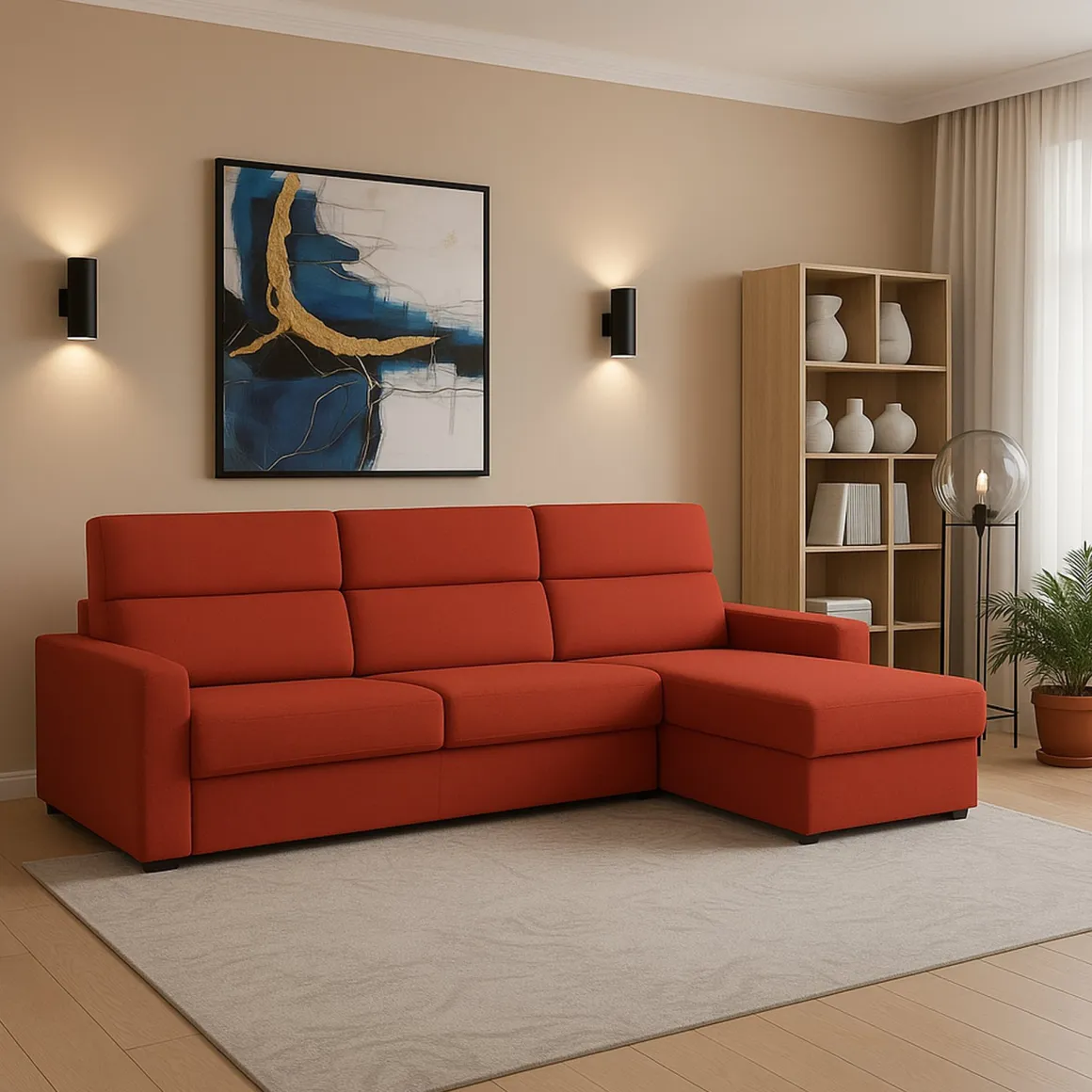 Divano Fisso con Penisola Arancione Sfoderabile Reversibile 280x160 cm, Idrorepellente Multiposizione Made in Italy - Vigonovo