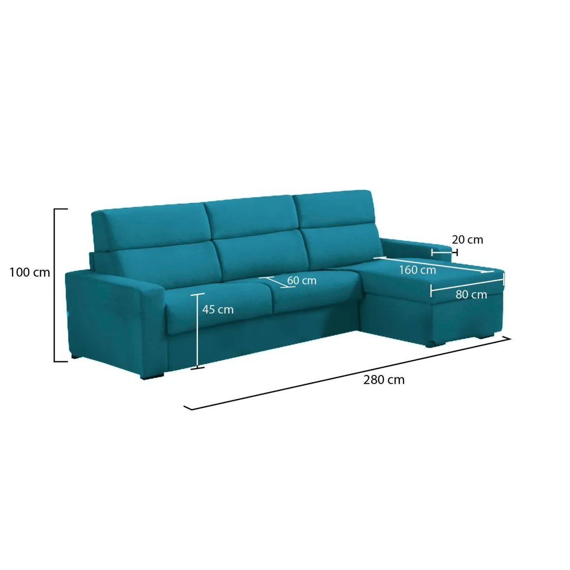 Divano Fisso con Penisola Azzurro Sfoderabile Reversibile 280x160 cm, Idrorepellente Multiposizione Made in Italy - Vigonovo