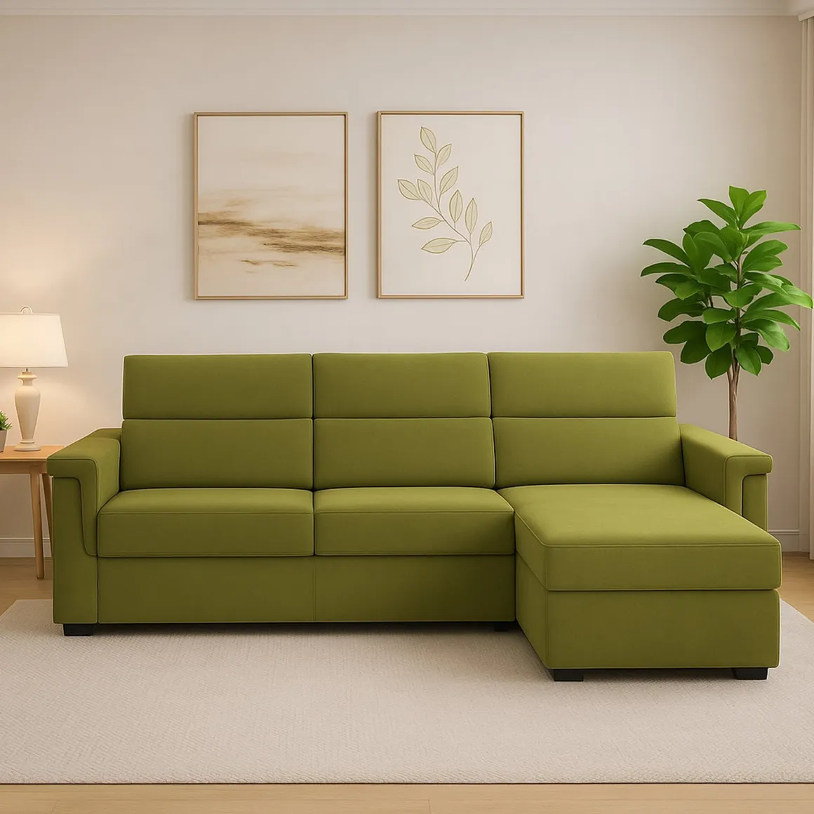 Divano Fisso con Penisola Verde Sfoderabile Reversibile 285x160 cm, Idrorepellente Multiposizione Made in Italy - Cintano