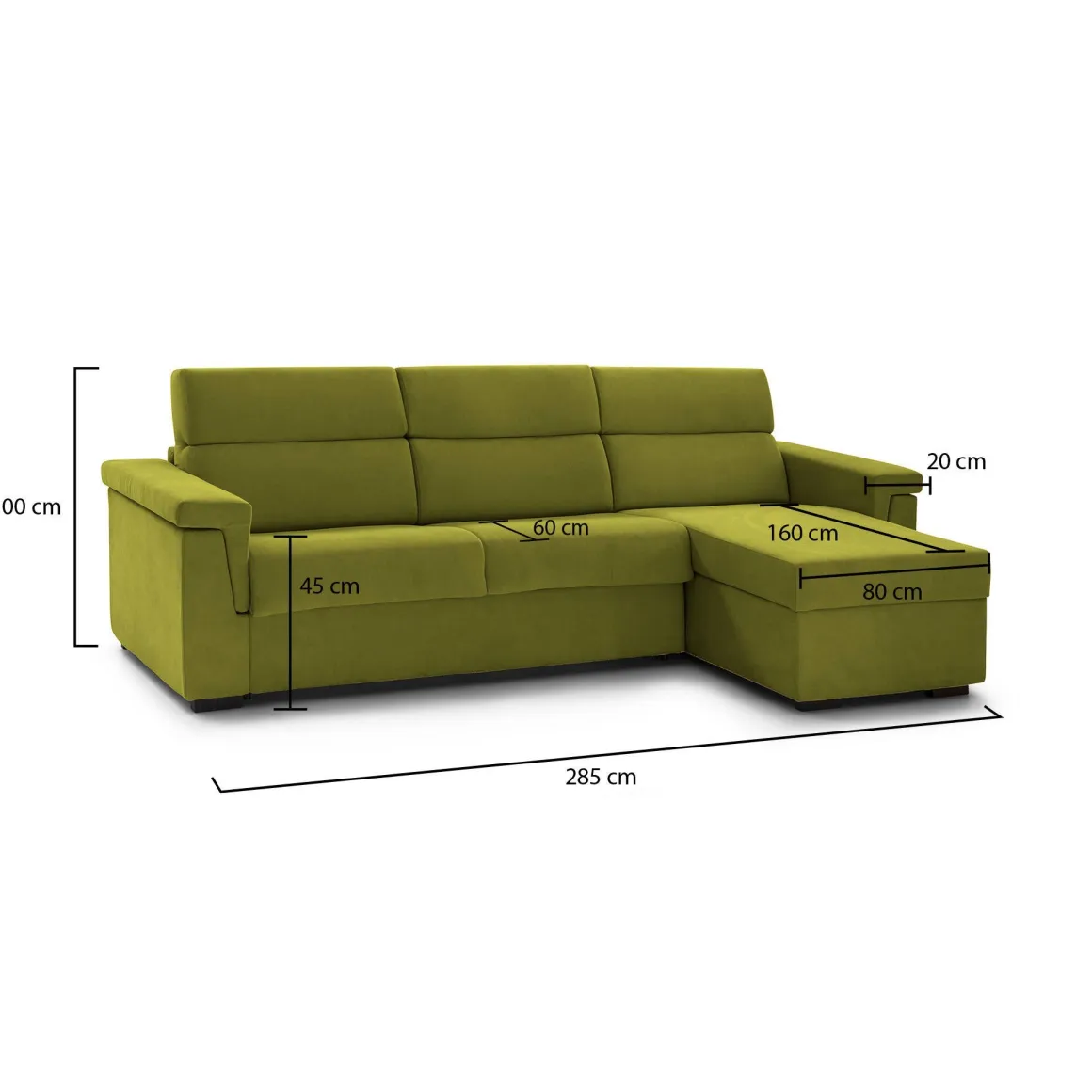 Divano Fisso con Penisola Verde Sfoderabile Reversibile 285x160 cm, Idrorepellente Multiposizione Made in Italy - Cintano