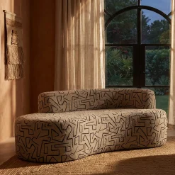 Divano Fisso 2 Posti Beige Nero Disegni Geometrici Posti a Sedere 2 93x45x178h cm, Colore Struttura Nero - Dadato