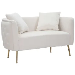 Divani Fissi 2 Posti > Dmora Divano Fisso 2 Posti Bianco oro Effetto Velluto Cuscini Inclusi 127x74x71h cm, Braccioli - Dingle Oro, Bianco