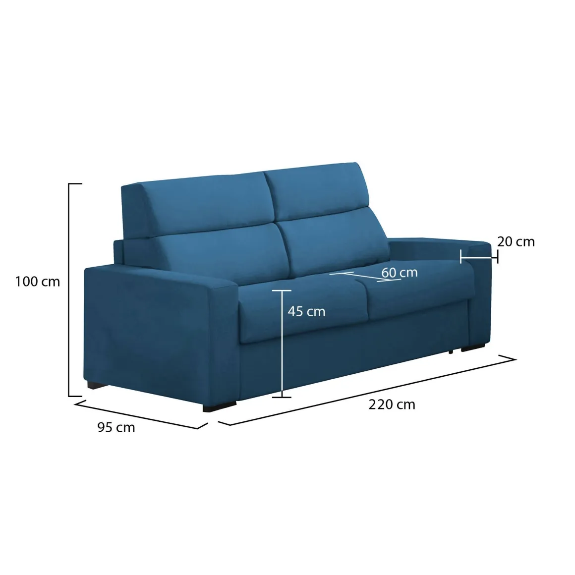 Divano Fisso 3 Posti blu Sfoderabile Lavabile 220x95 cm, Braccioli Made in Italy - Ozegna