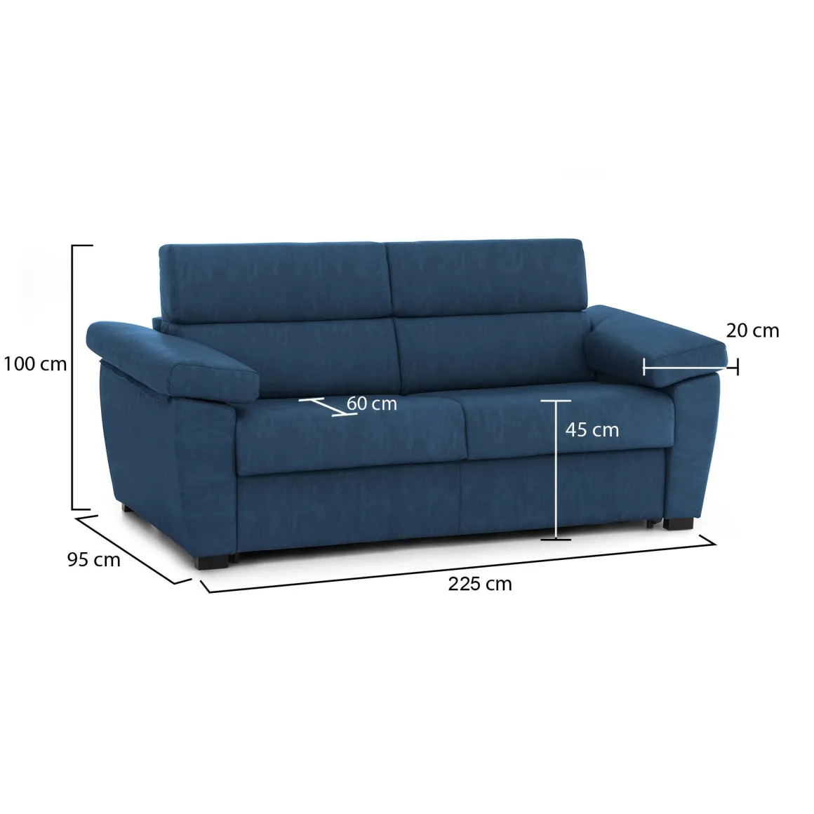 Divano Fisso 3 Posti blu Sfoderabile Lavabile 225x95 cm, Braccioli Made in Italy - Giffone
