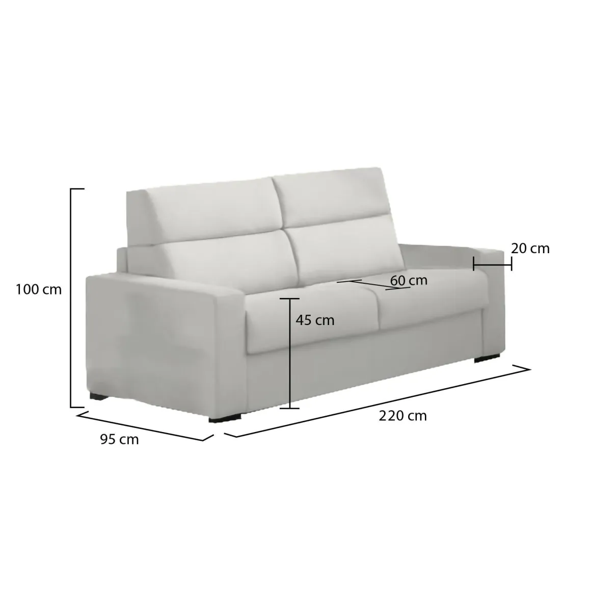 Divano Fisso 3 Posti Grigio Chiaro Sfoderabile Lavabile 220x95 cm, Braccioli Made in Italy - Ozegna