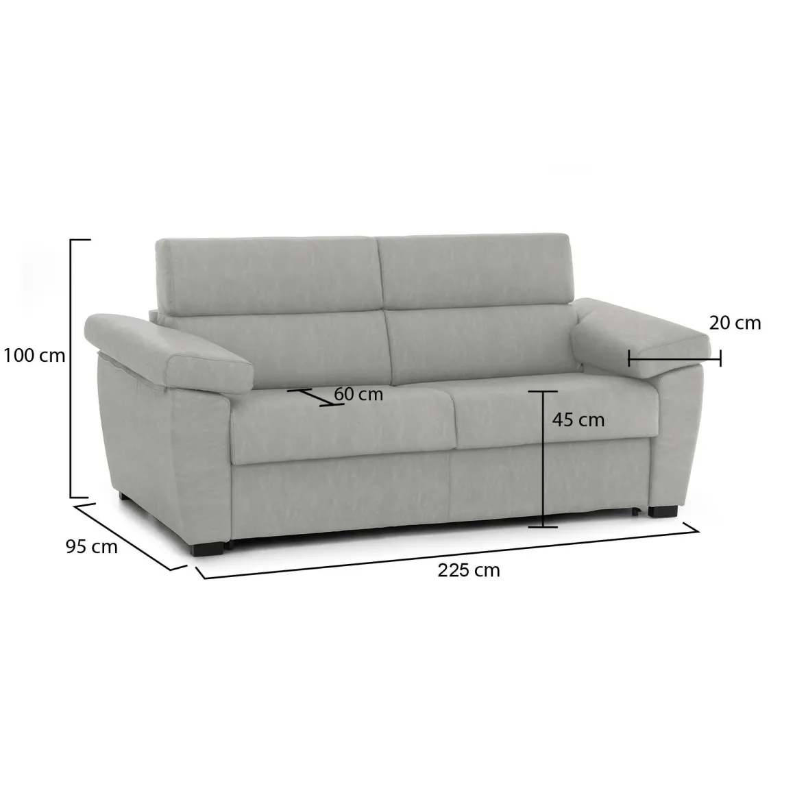 Divano Fisso 3 Posti Grigio Chiaro Sfoderabile Lavabile 225x95 cm, Braccioli Made in Italy - Giffone