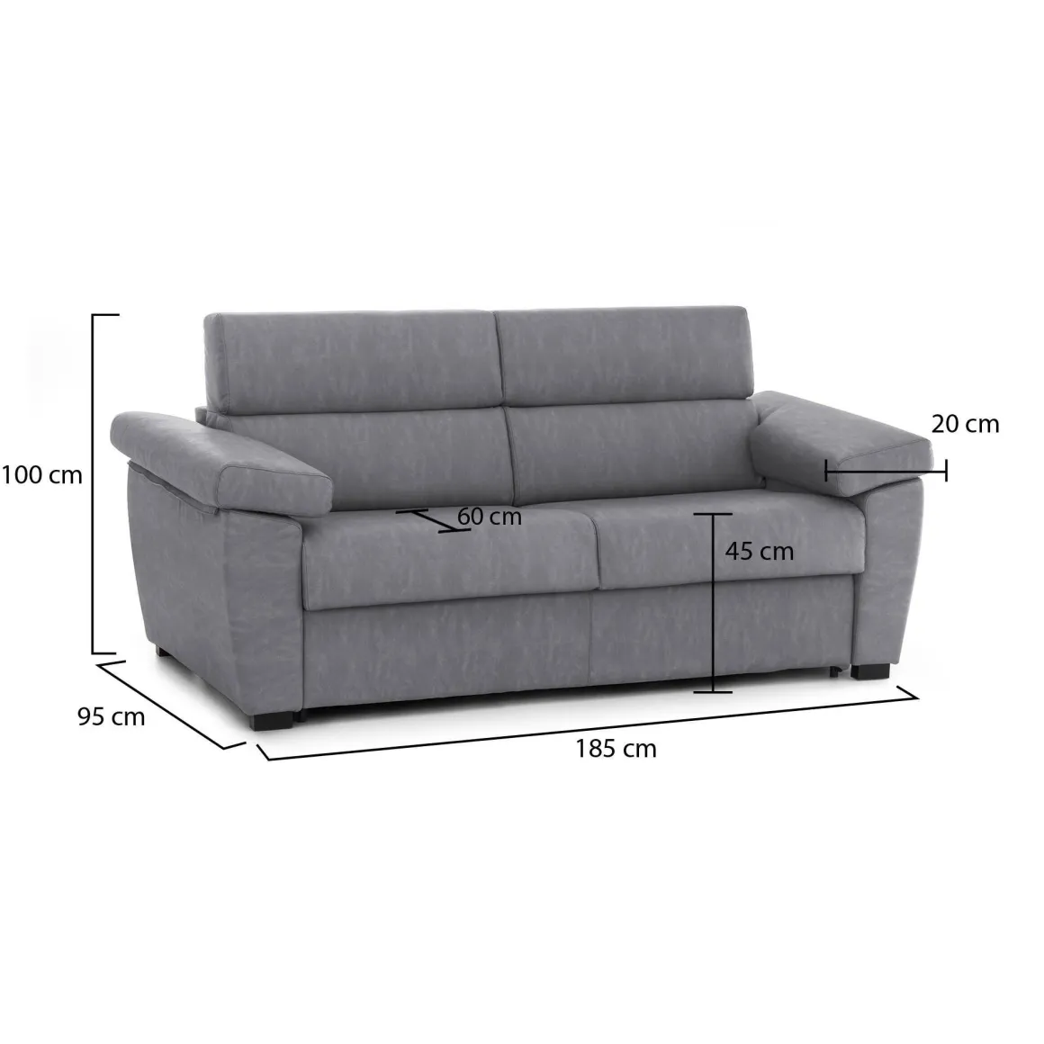 Divano Fisso 2 Posti Grigio Sfoderabile Idrorepellente 185x95x100h cm, Lavabile Made in Italy - Pisogne