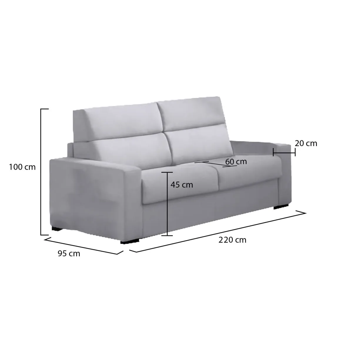 Divano Fisso 3 Posti Grigio Sfoderabile Lavabile 220x95 cm, Braccioli Made in Italy - Ozegna