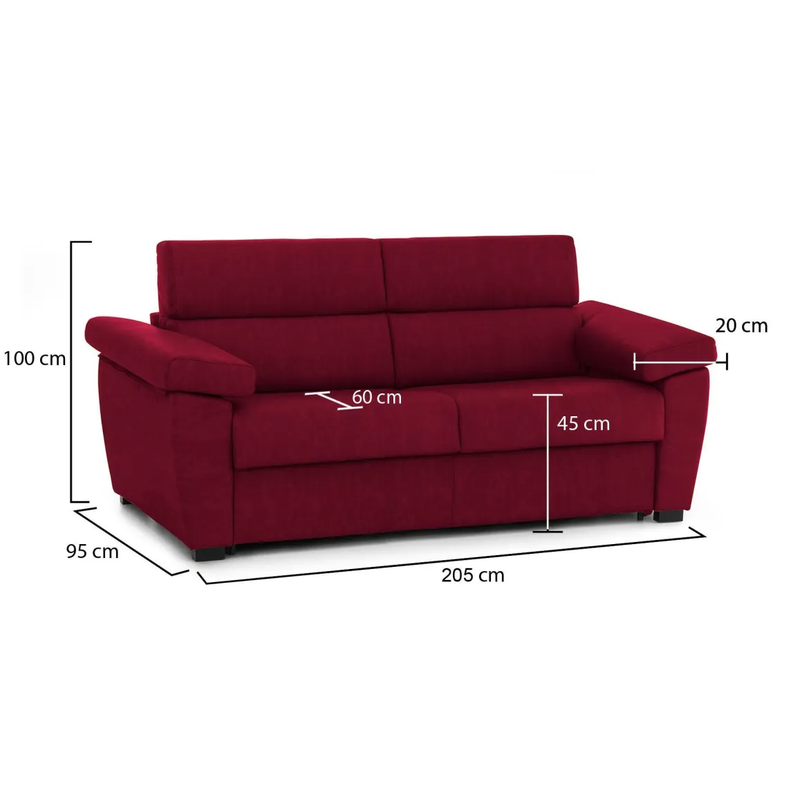Divano Fisso 2 Posti Rosso Sfoderabile Idrorepellente 205x95x100h cm, Lavabile Made in Italy - Gorreto