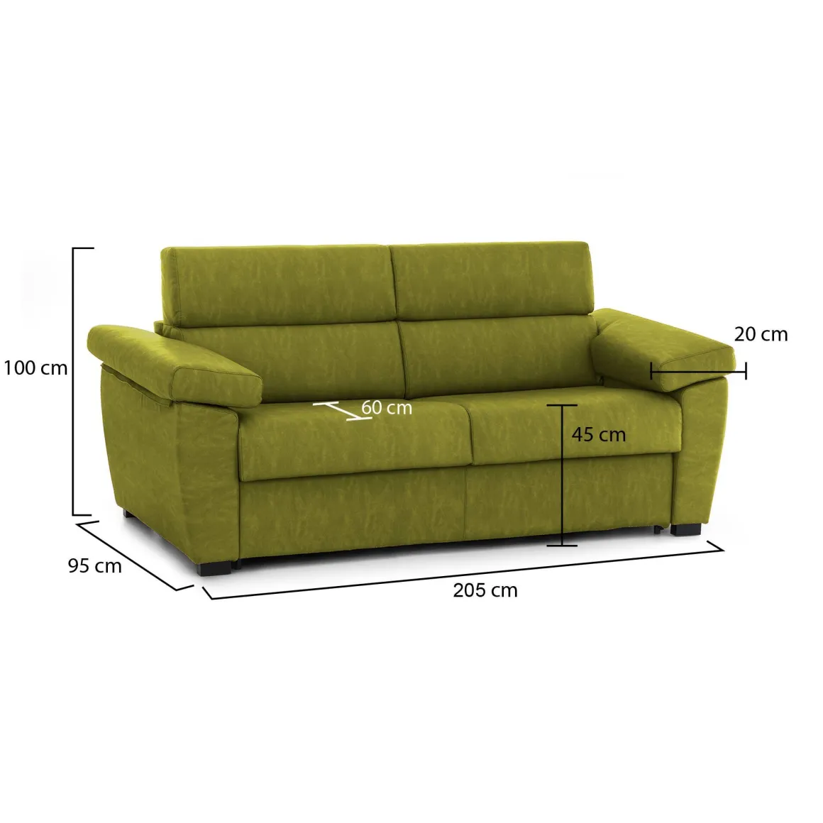 Divano Fisso 2 Posti Verde Sfoderabile Idrorepellente 205x95x100h cm, Lavabile Made in Italy - Gorreto