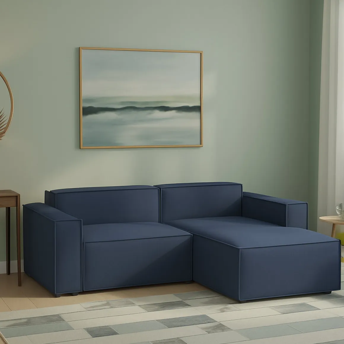 Divano in legno e ferro rivestito in tessuto blu 240x170x70h cm - Ameli
