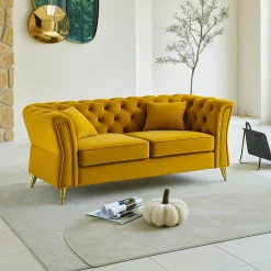 Divani Fissi 2 Posti > Dmora Divano in legno rivestito in tessuto ocra e oro 162x83x76h cm - Casio Oro, Giallo Ocra