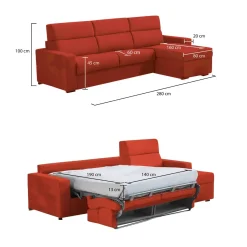 Divano Letto con Penisola Arancione Sfoderabile Contenitore 280x160 cm, Idrorepellente Multiposizione Trasformabile in Letto Made in Italy - Pusiano