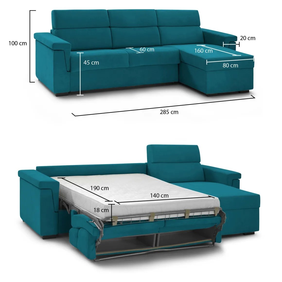 Divano Letto con Penisola Azzurro Sfoderabile Contenitore 285x160 cm, Idrorepellente Multiposizione Trasformabile in Letto Made in Italy - Ganzaria