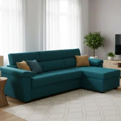 Divani Angolari|Divani Letto Con Penisola > Dmora Divano Letto con Penisola Sfoderabile Contenitore 285x160 cm, Idrorepellente Trasformabile in Letto Rete Elettrosaldata Made in Italy - Esca Azzurro