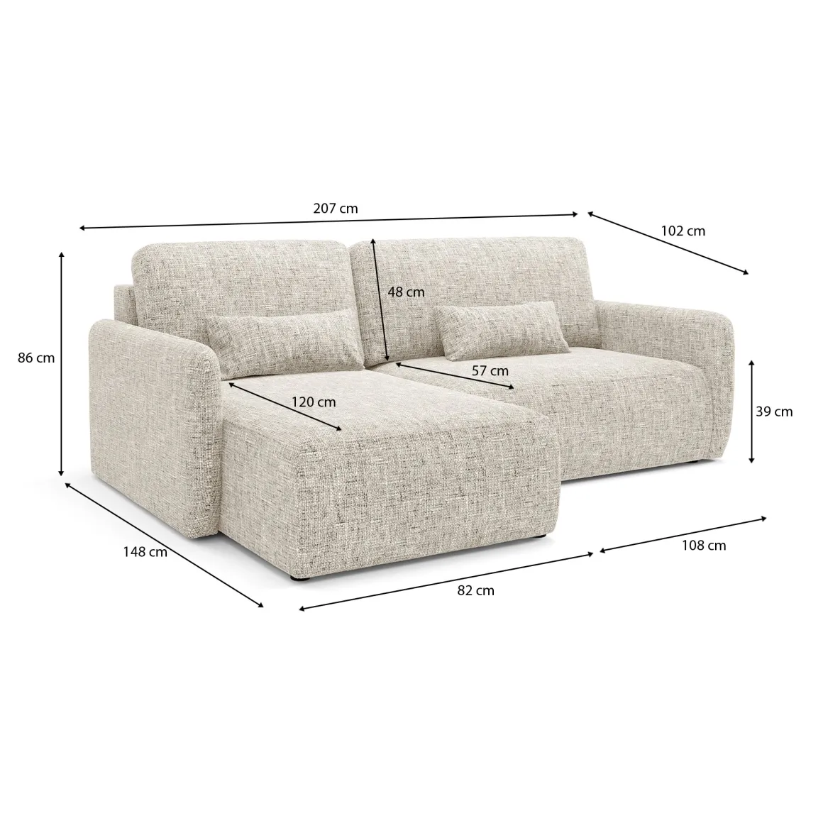 Divani Angolari|Divani Letto Con Penisola > Dmora Divano Letto con Penisola Contenitore Reclinabile 229x148 cm, Cuscini Sfoderabili - Rezzo Beige