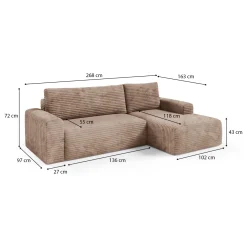Divano Letto con Penisola Beige Contenitore Reclinabile 268x163 cm, Cuscini Sfoderabili - Folgarida