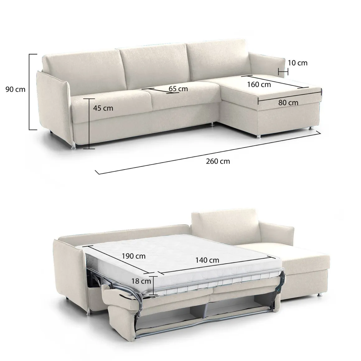Divano Letto con Penisola Beige Sfoderabile Contenitore 260x160 cm, Idrorepellente Trasformabile in Letto Made in Italy - Sumirago