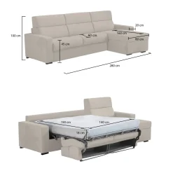 Divano Letto con Penisola Beige Sfoderabile Contenitore 280x160 cm, Idrorepellente Multiposizione Trasformabile in Letto Made in Italy - Celleno