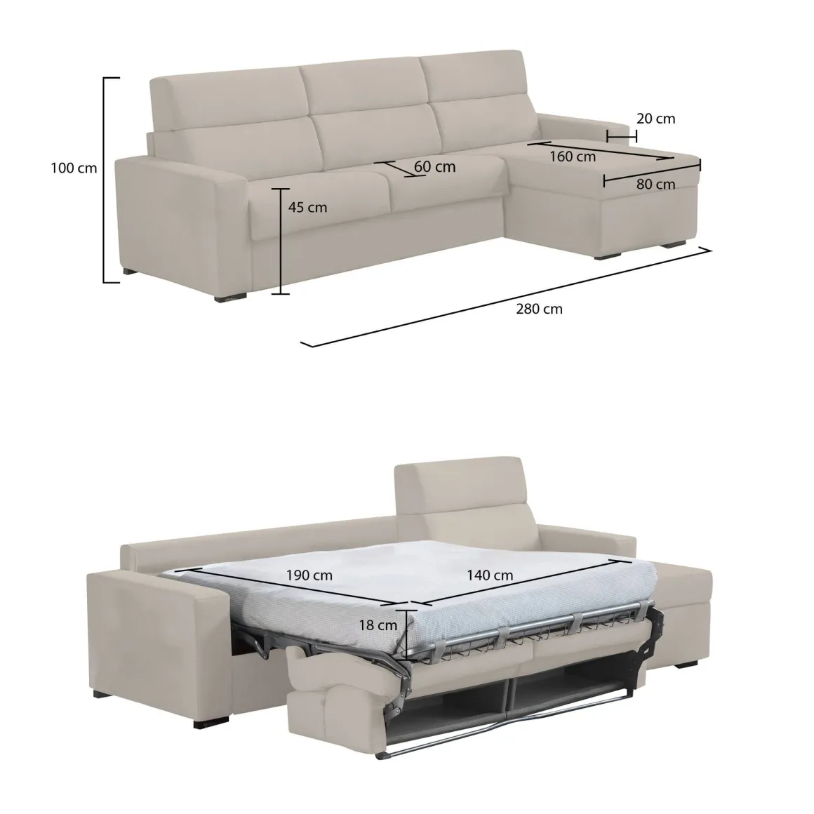 Divano Letto con Penisola Beige Sfoderabile Contenitore 280x160 cm, Idrorepellente Multiposizione Trasformabile in Letto Made in Italy - Celleno