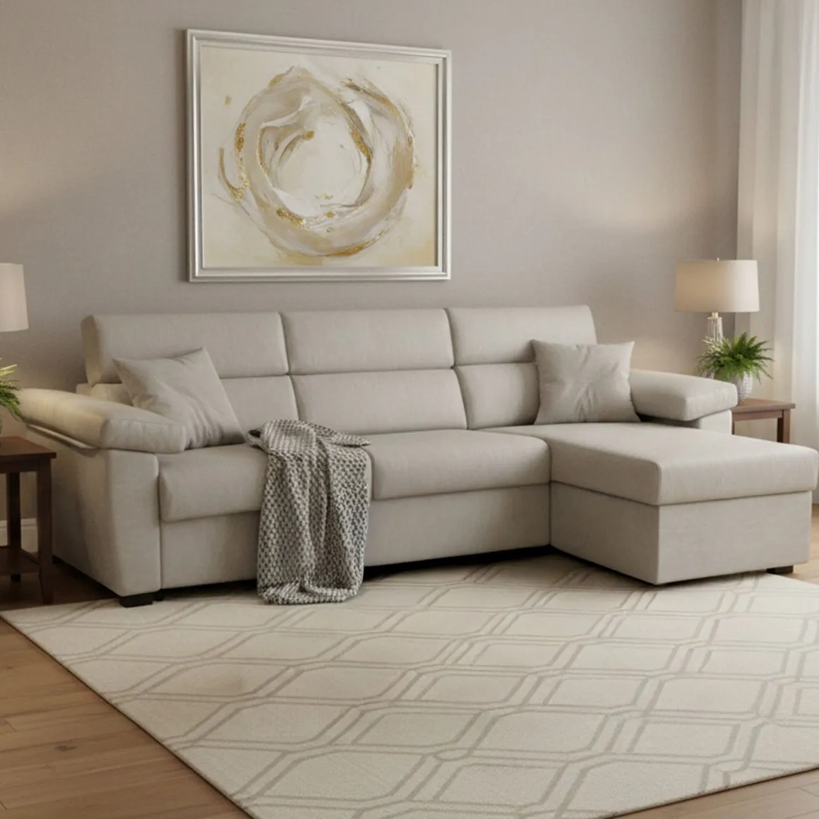 Divano Letto con Penisola Beige Sfoderabile Contenitore 285x160 cm, Idrorepellente Multiposizione Trasformabile in Letto Made in Italy - Priverno