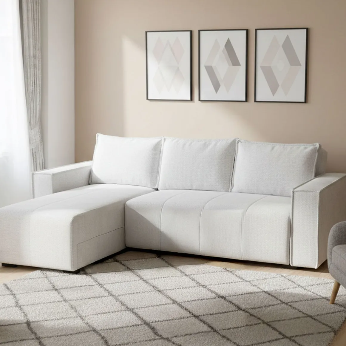 Divano Letto con Penisola Bianco Contenitore 237x169 cm, Lavabile - Naturno