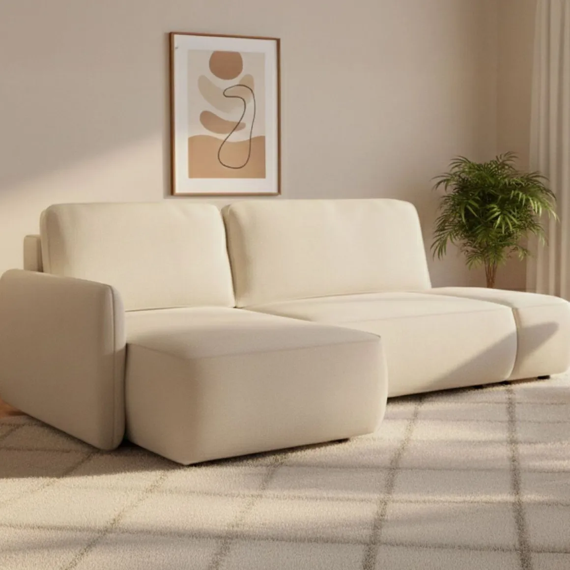 Divano Letto con Penisola Bianco Crema Contenitore Reclinabile 229x148 cm, Cuscini Sfoderabili - Rezzo