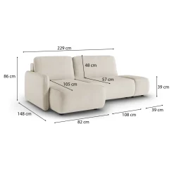 Divano Letto con Penisola Bianco Crema Contenitore Reclinabile 229x148 cm, Cuscini Sfoderabili - Rezzo