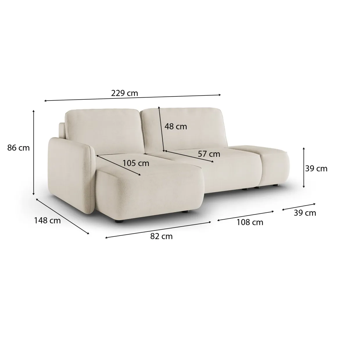 Divano Letto con Penisola Bianco Crema Contenitore Reclinabile 229x148 cm, Cuscini Sfoderabili - Rezzo