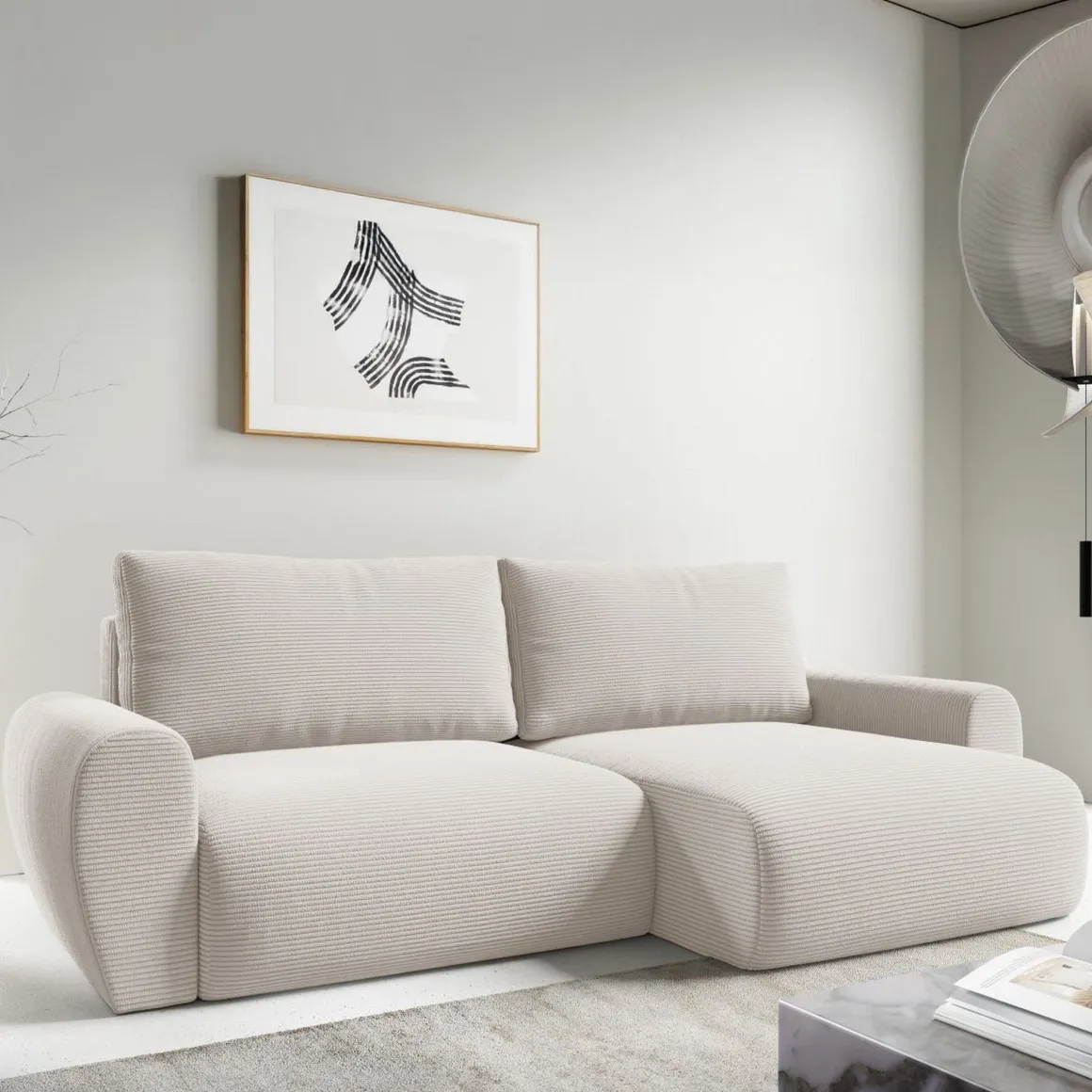 Divani Angolari|Divani Letto Con Penisola > Dmora Divano Letto con Penisola Contenitore Reclinabile 268x163 cm, Cuscini Sfoderabili - Folgarida Bianco Crema